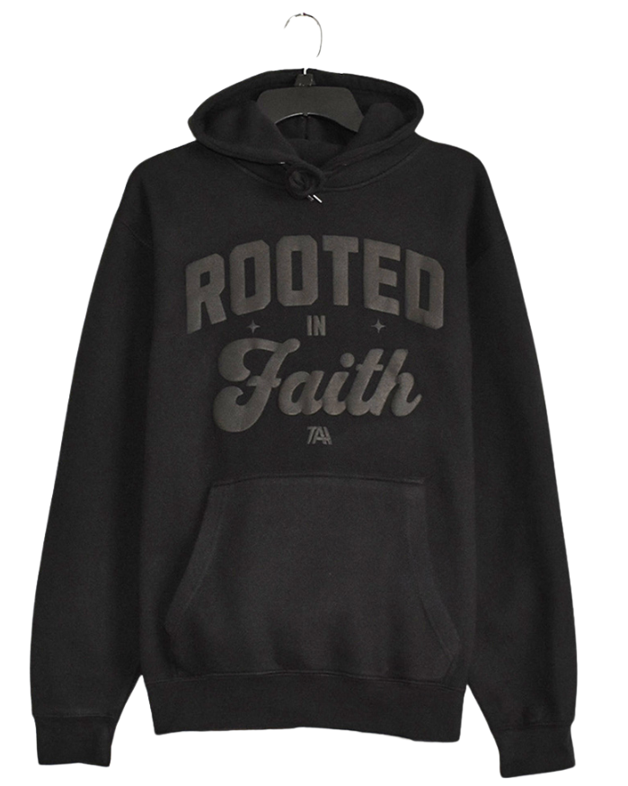Black hoodie with 'Rooted in Faith' text on a white background